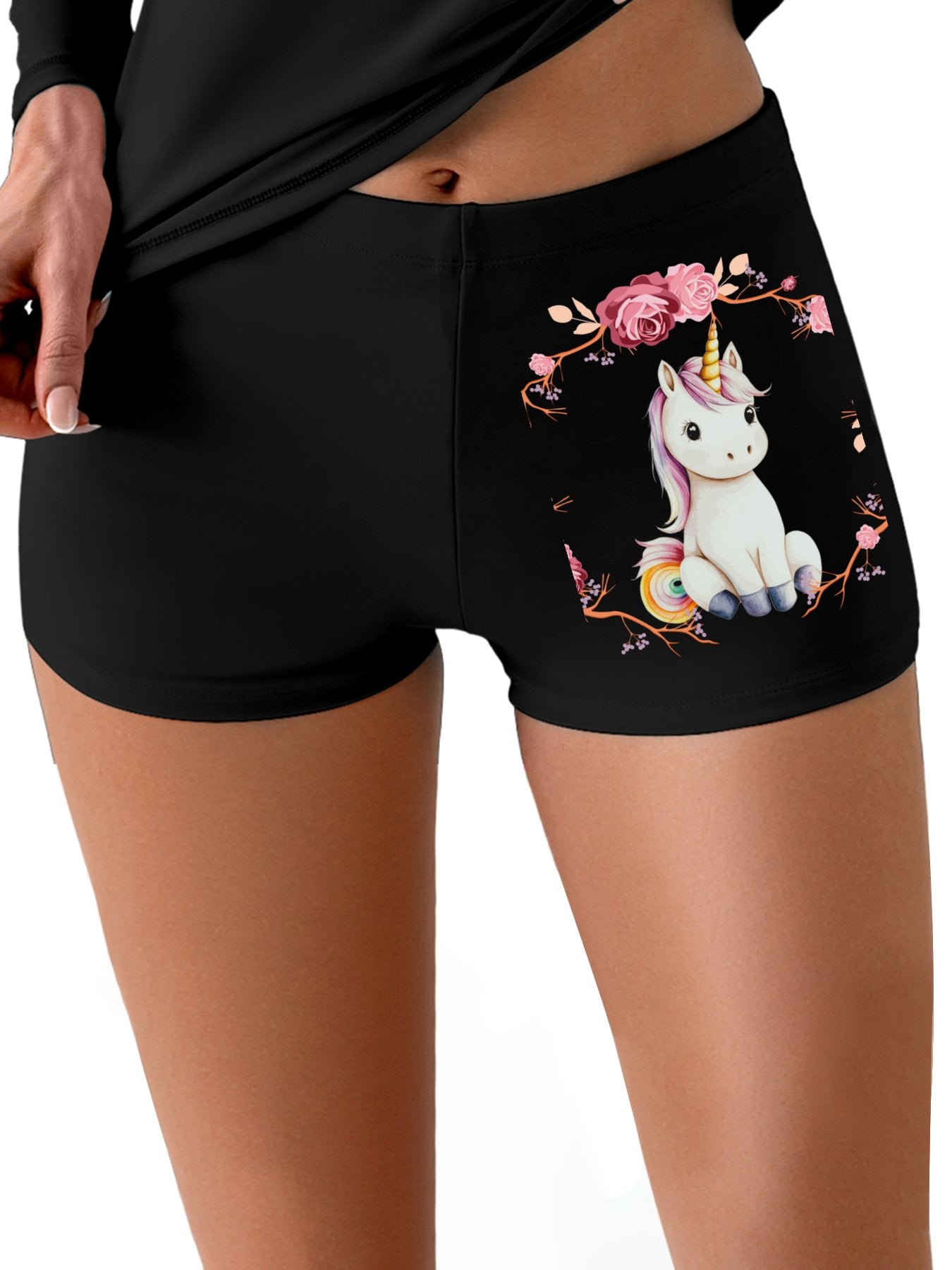 Baby Unicorn with Pink Roses Boxer Brief Boyshorts for Women (Made in USA)