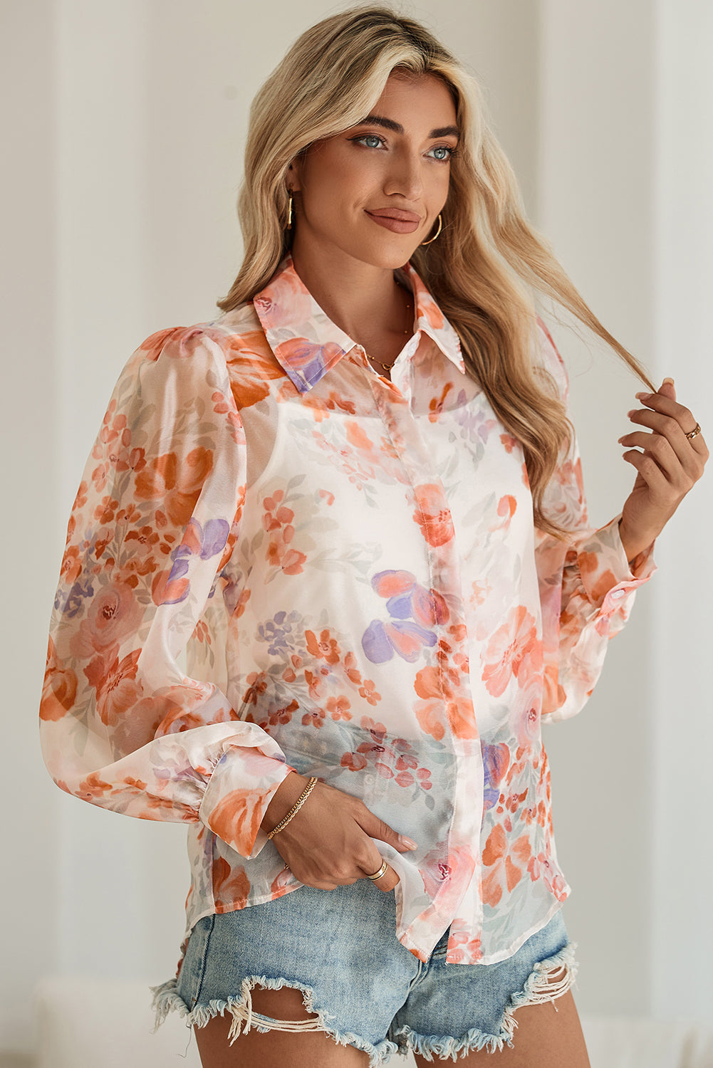 Women's White Floral Print Balloon Sleeve Loose Shirt