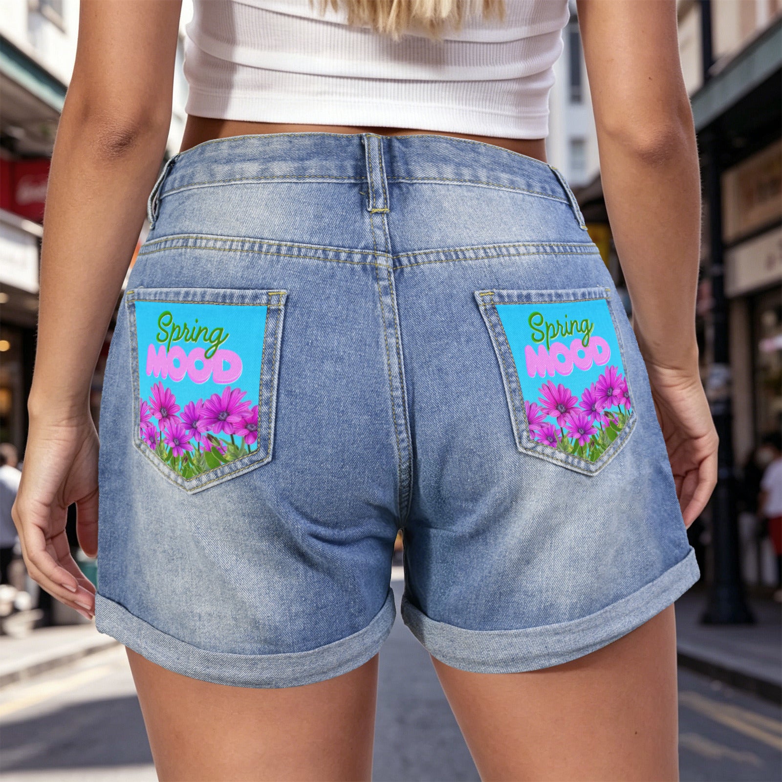 Spring Mood Light-Wash Blue Denim Shorts (Dual Pockets Print)