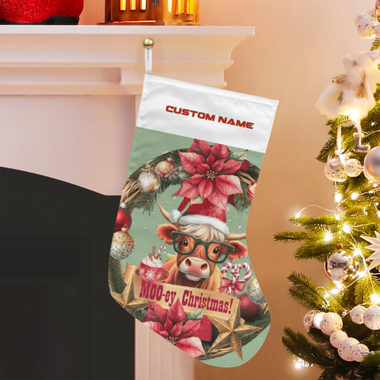 Personalizable Moo-ey Christmas Highland Cow with Glasses Christmas Stocking (Made in USA)