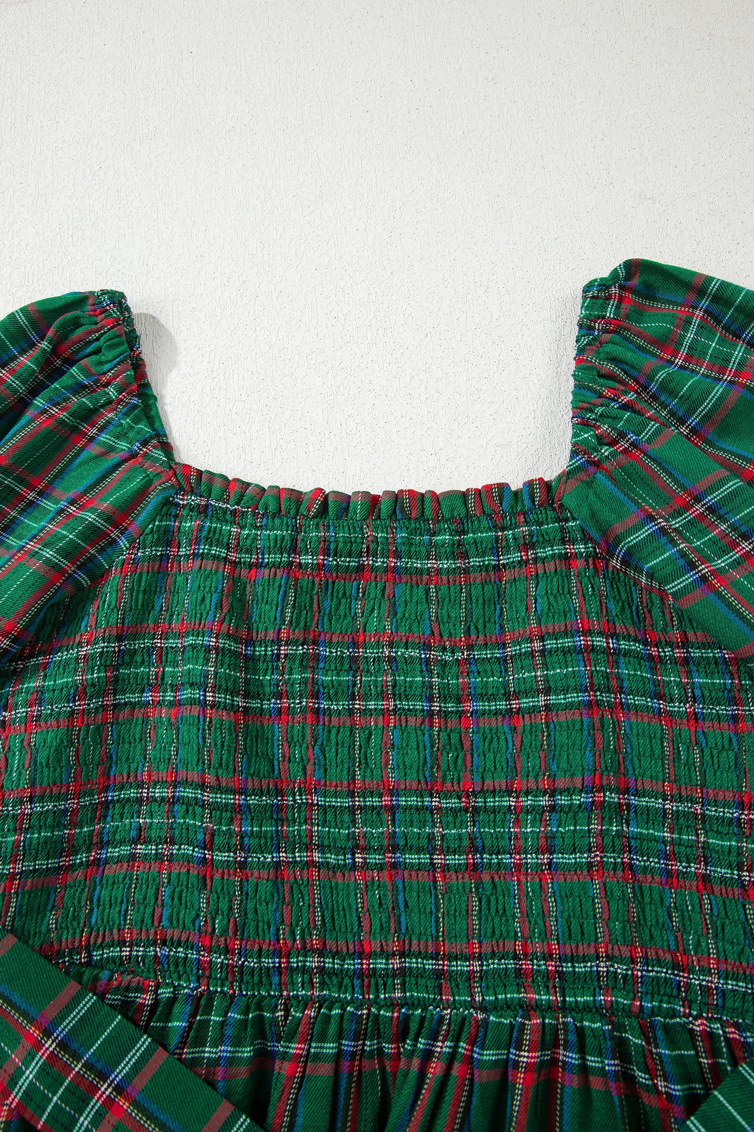 Plaid Square Neck Puff Sleeve Belted Midi Dress