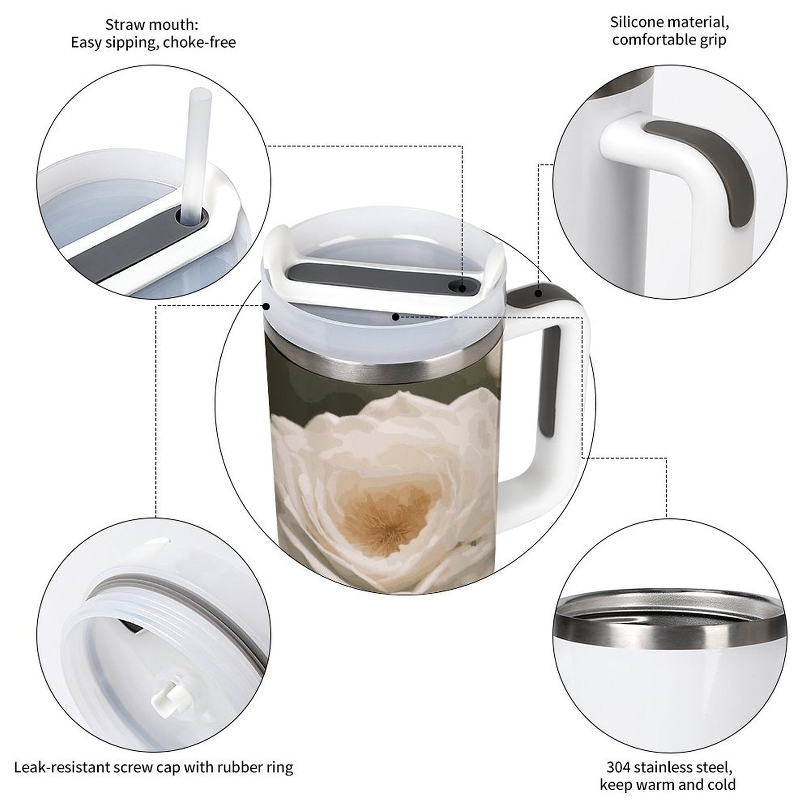 White Rose 40oz Large Capacity Stainless Steel Tumbler Cup