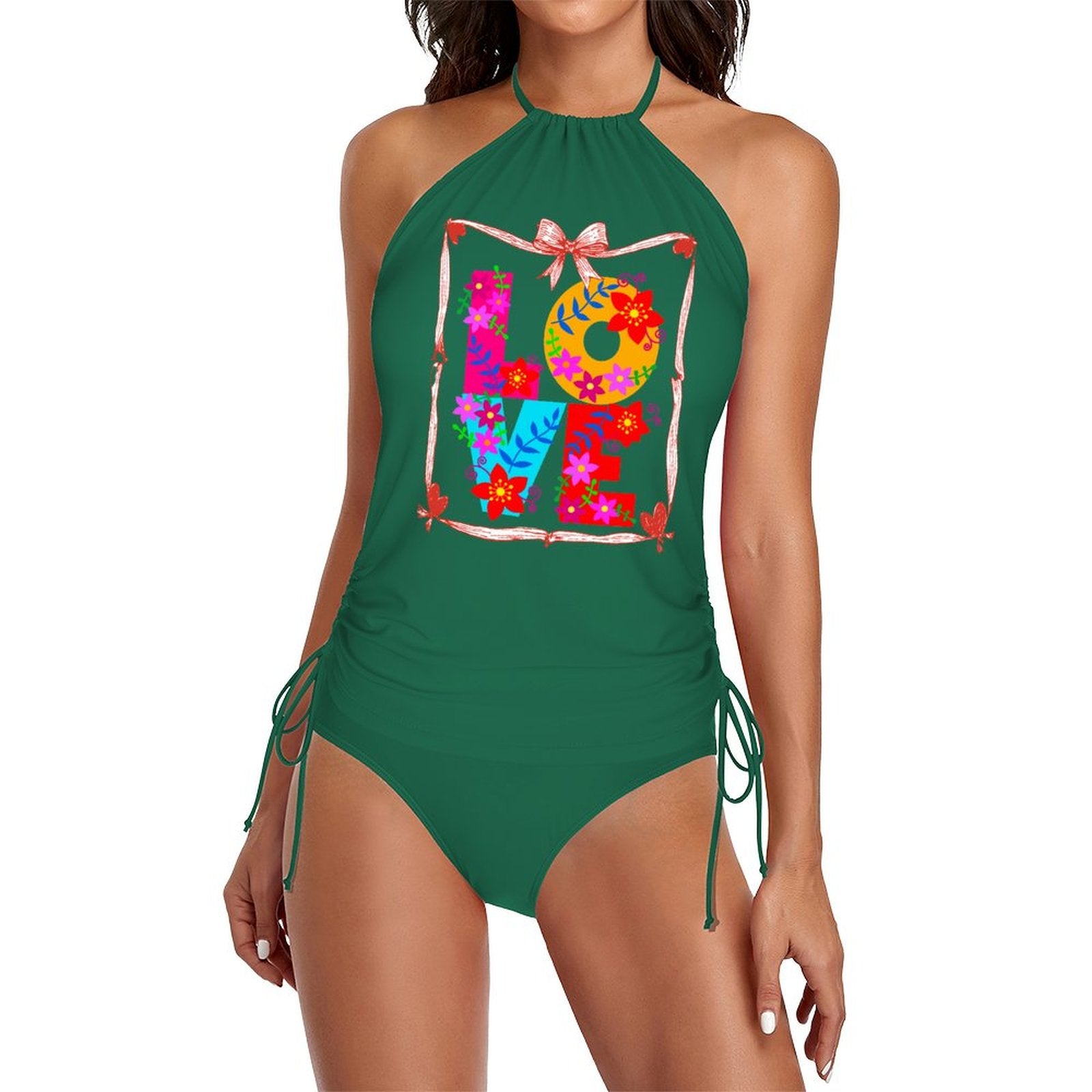 Floral LOVE Halter High Neck 2-Piece Swimsuit Set for Women (Front Printing)