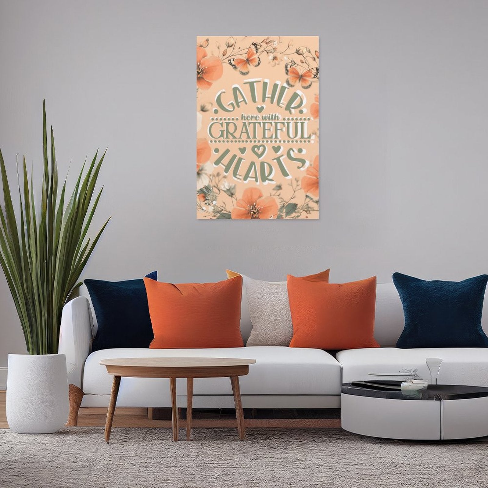 Gather Here with Grateful Hearts Orange Decorative Canvas Hanging Poster Unframed