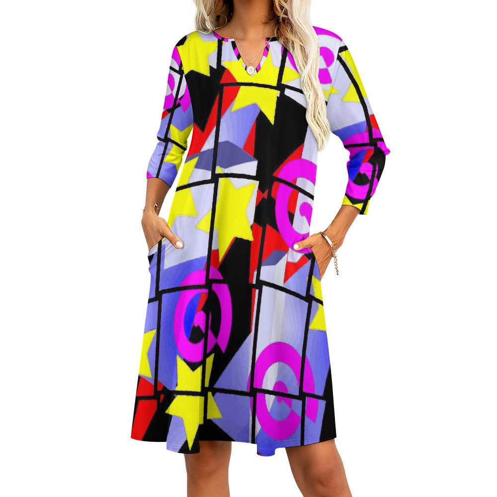 1980's Abstract Design Dress with Pockets up to 5XL