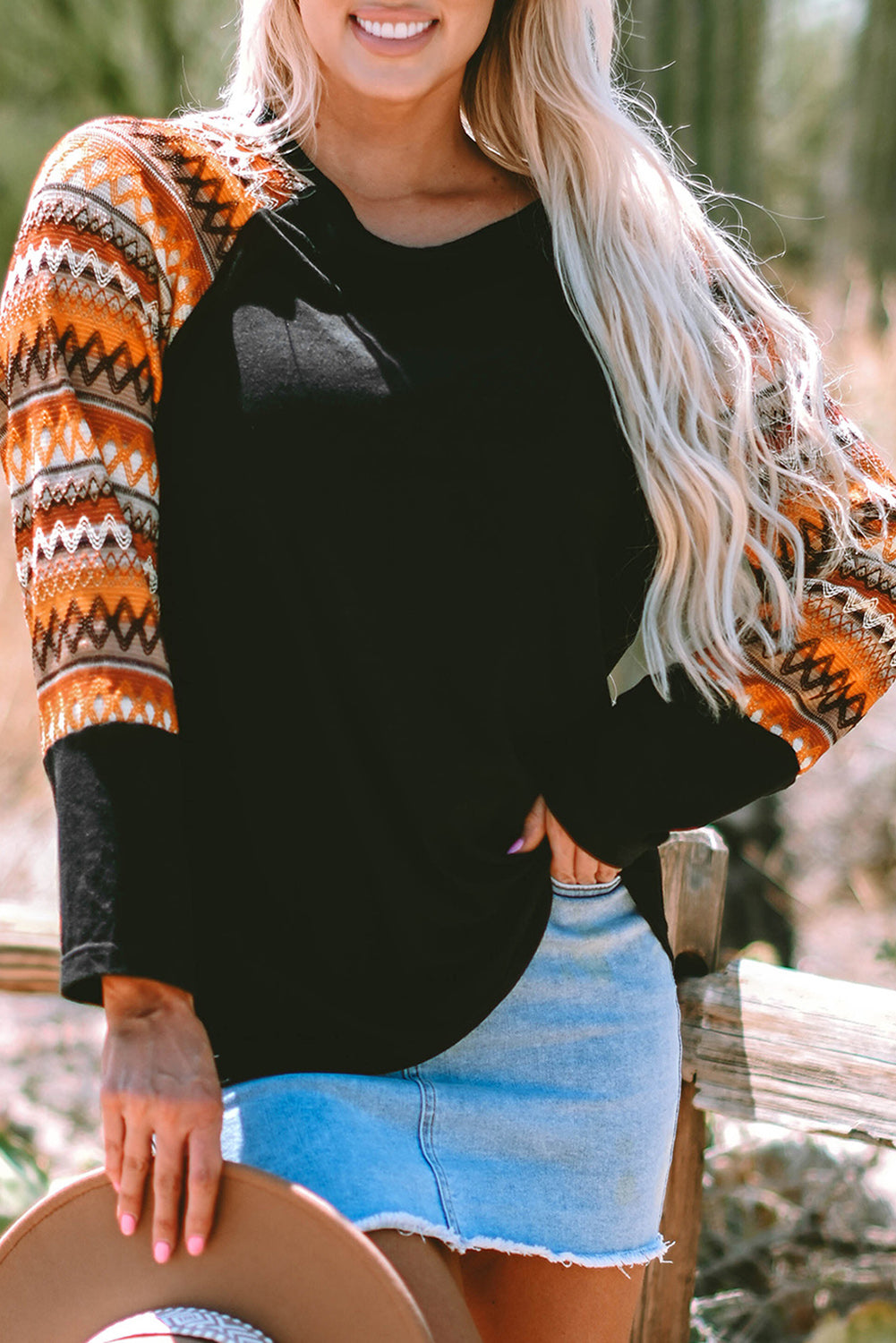Orange Geometric Print Raglan Patchwork Long Sleeve Shirt