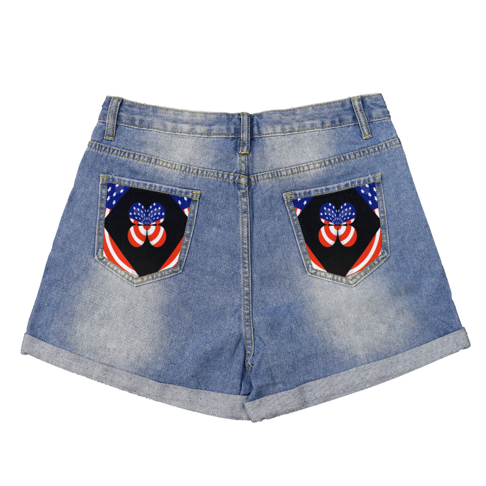 USA Butterfly Light-Wash Blue Denim Shorts (Dual Pockets Print)