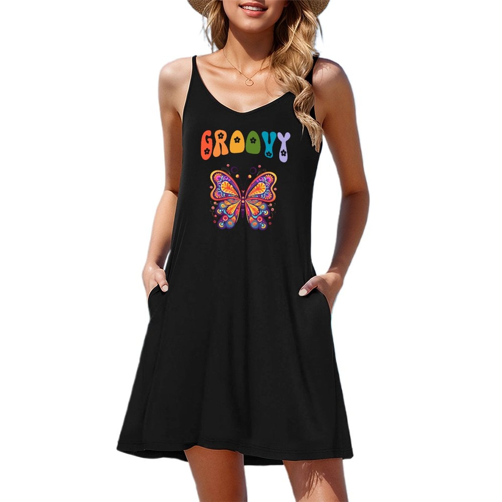 Groovy Butterfly Sleeveless Cami Nightgown for Women (Front Printing)
