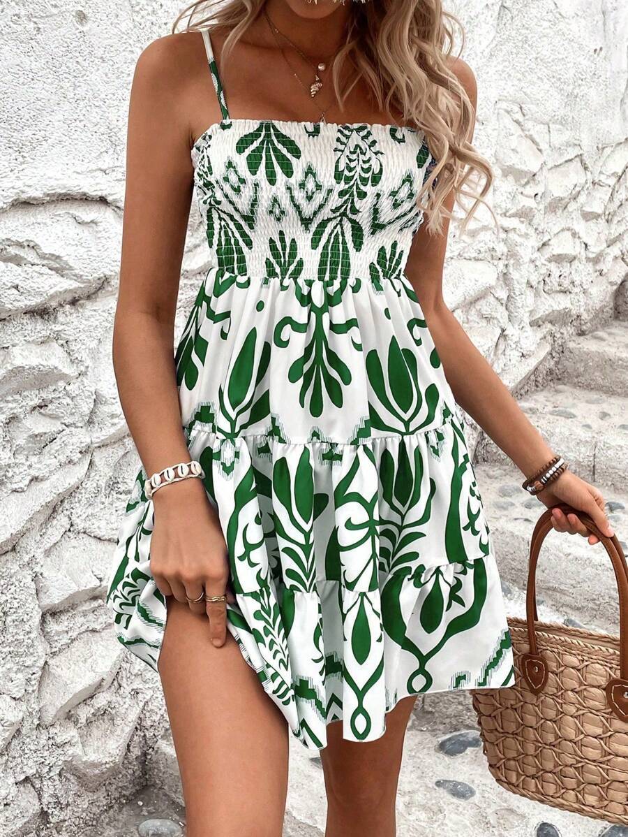 Women's Fashion White with Boho Print Shirred Mini Dress
