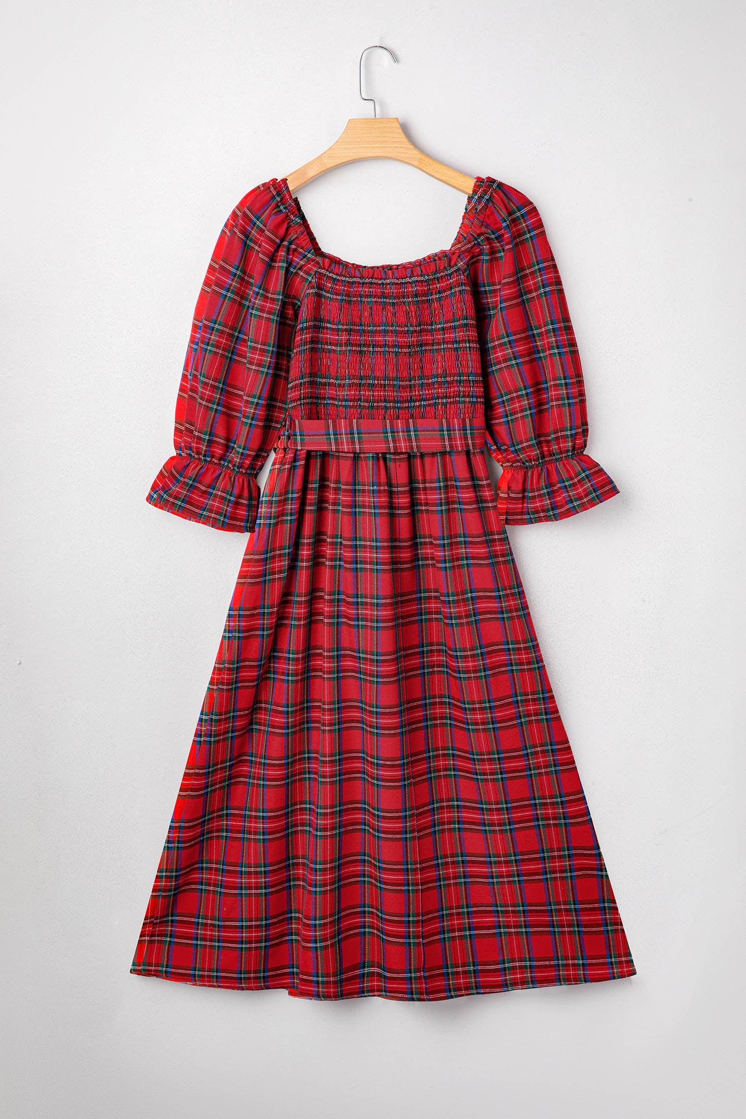 Plaid Square Neck Puff Sleeve Belted Midi Dress