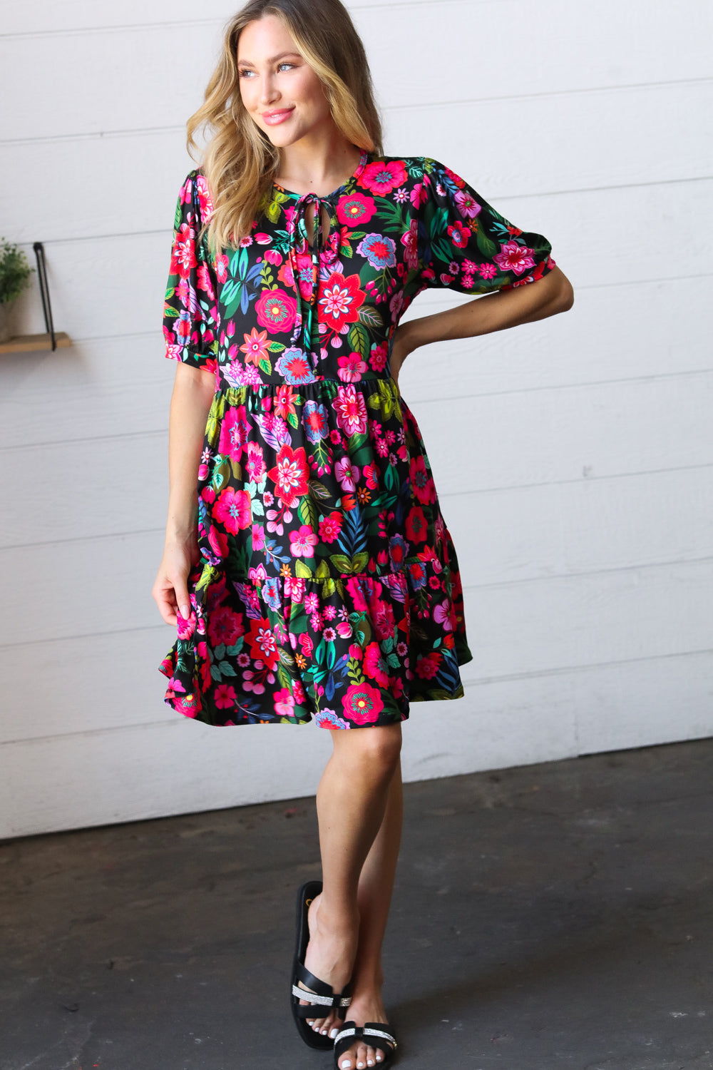 Black & Fuchsia Flat Floral Tiered Front Tie Dress with Pockets