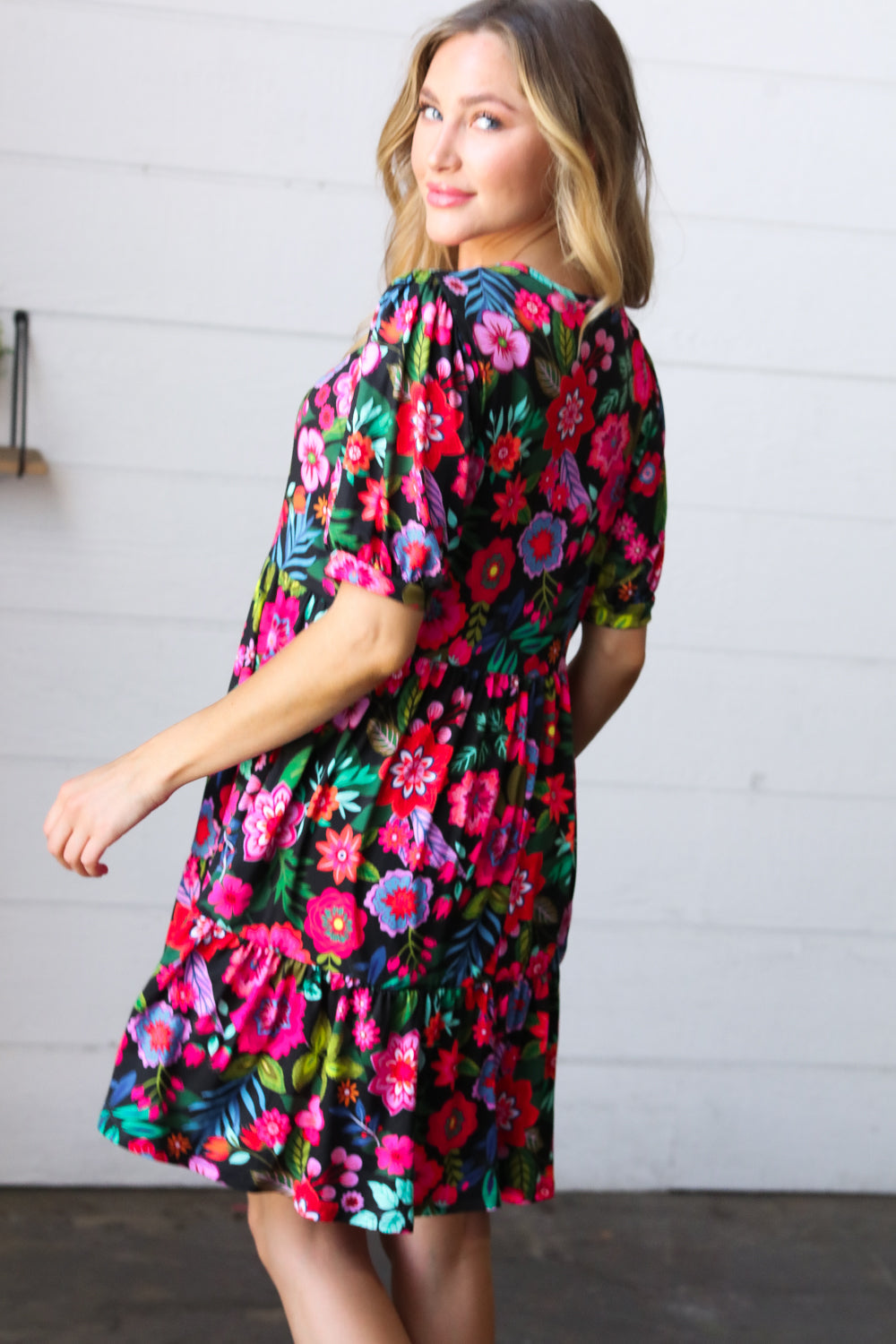 Black & Fuchsia Flat Floral Tiered Front Tie Dress with Pockets