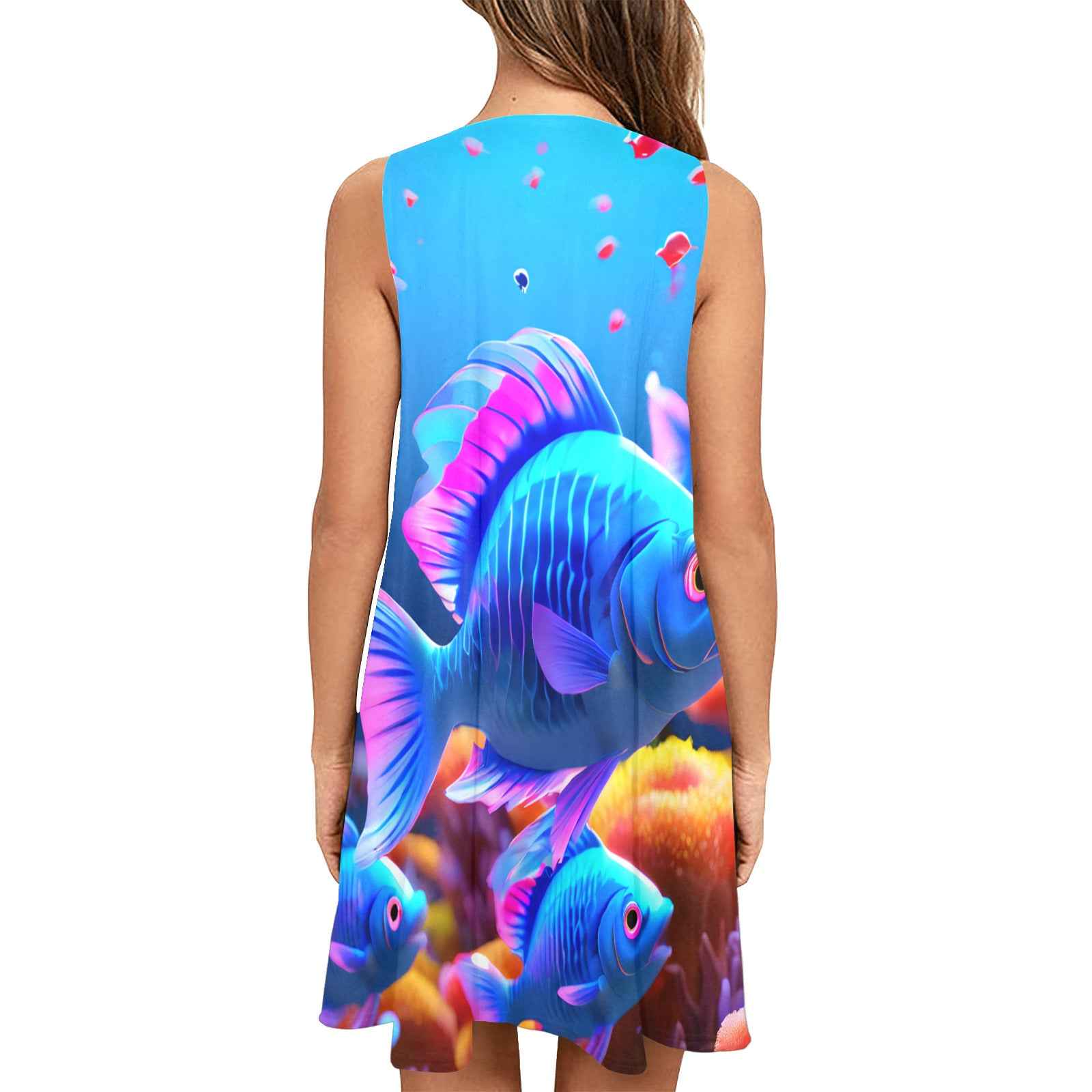 Blue Fish Sleeveless A-Line Pocket Dress (Model D57)