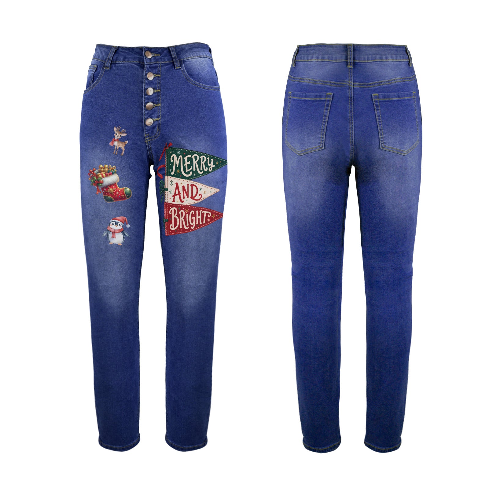 Merry & Bright Christmas Women's Jeans (Front Printing) (Model L75)