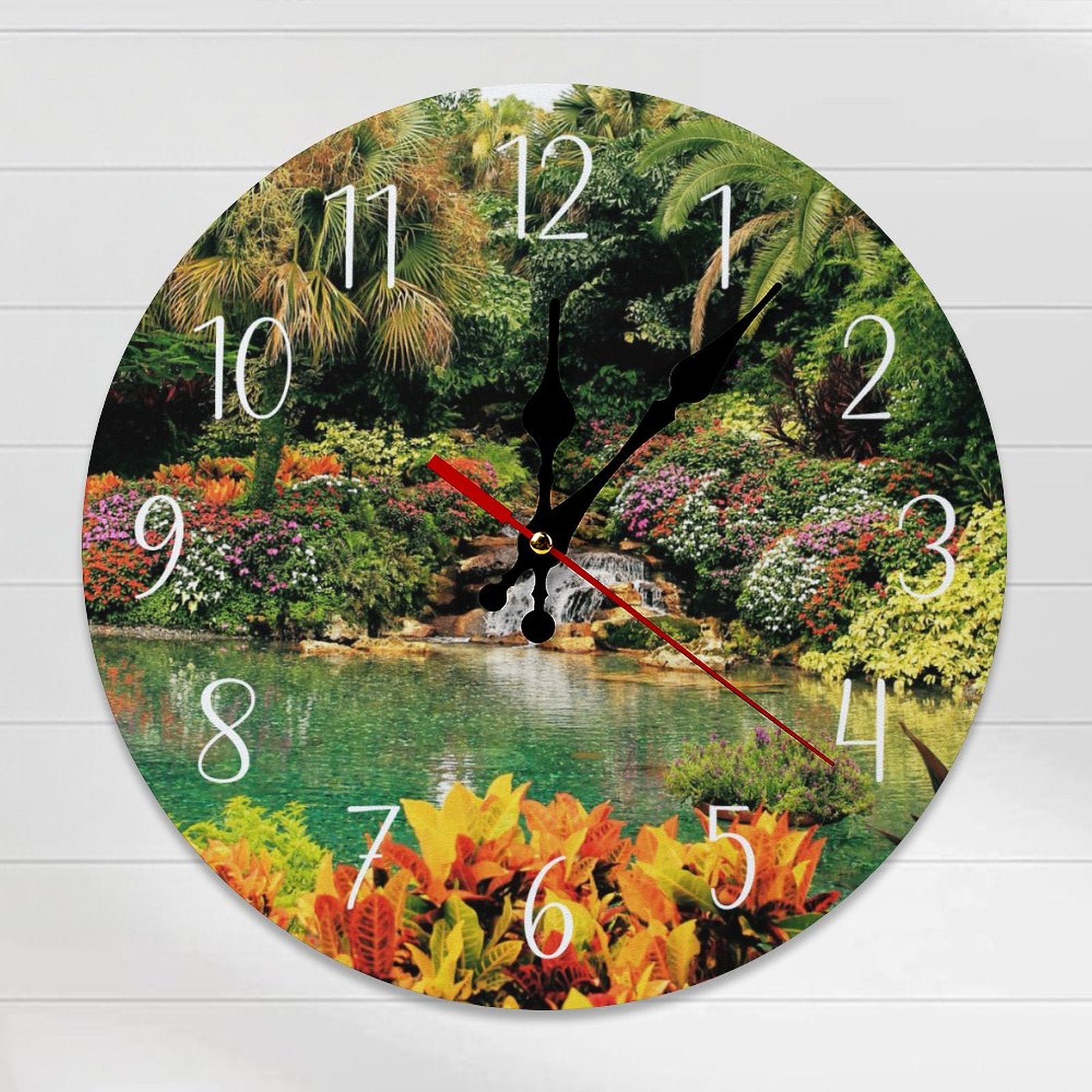 Serene Tropical Garden and Waterfall Modern Wooden Wall Clock