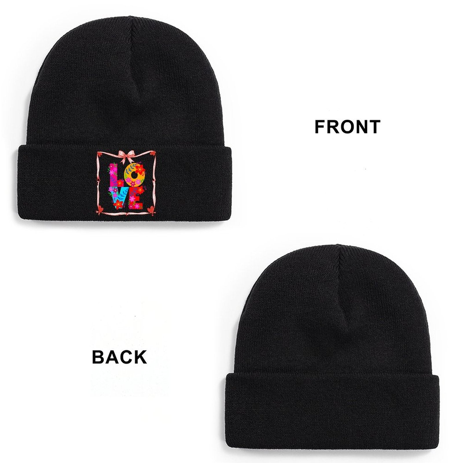 Floral LOVE Knit Warm Winter Beanie Hat (Made in USA)