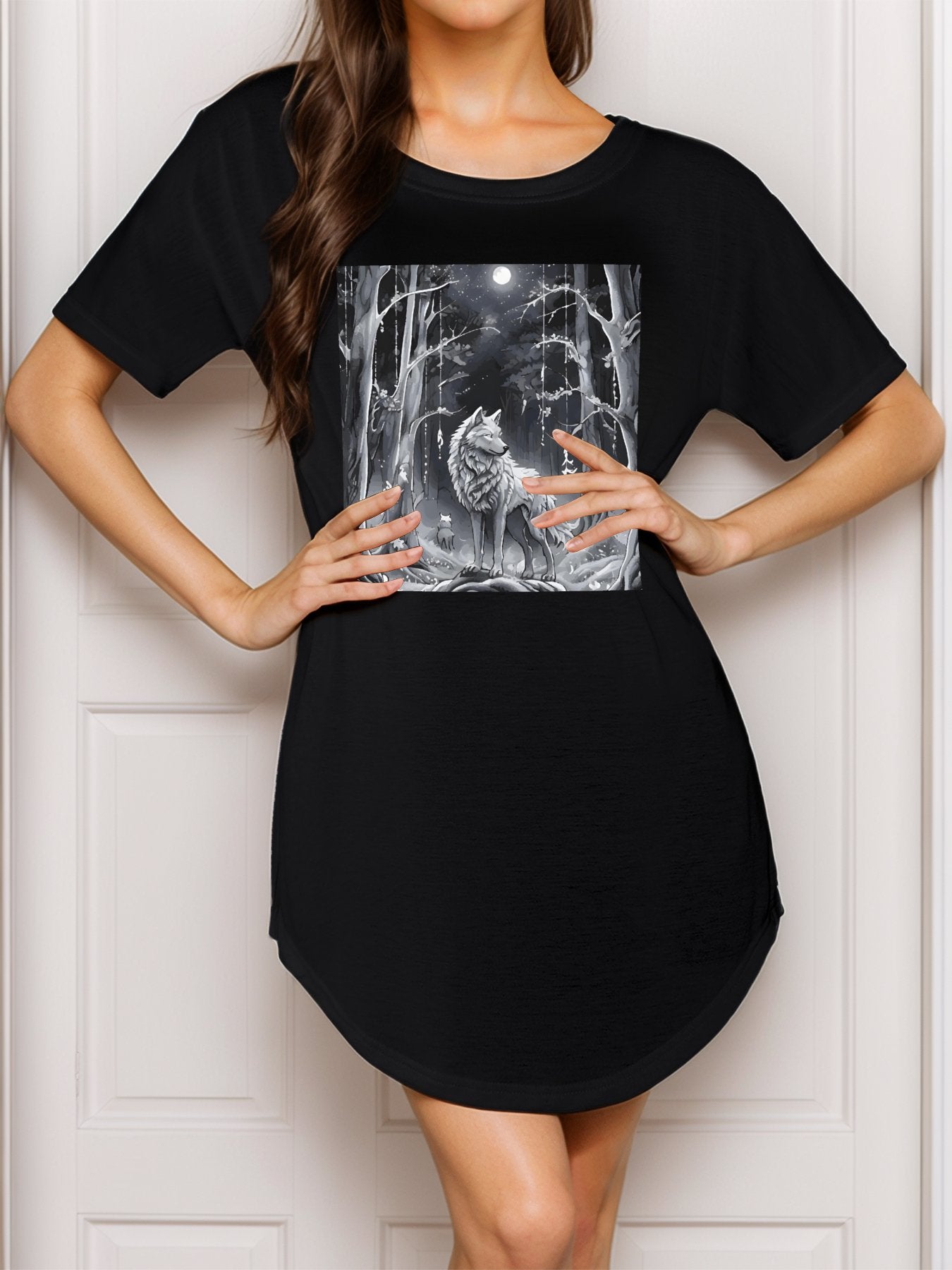 Ethereal Wolf in the Moonlight Casual Summer T-Shirt Dress (Front Printing)
