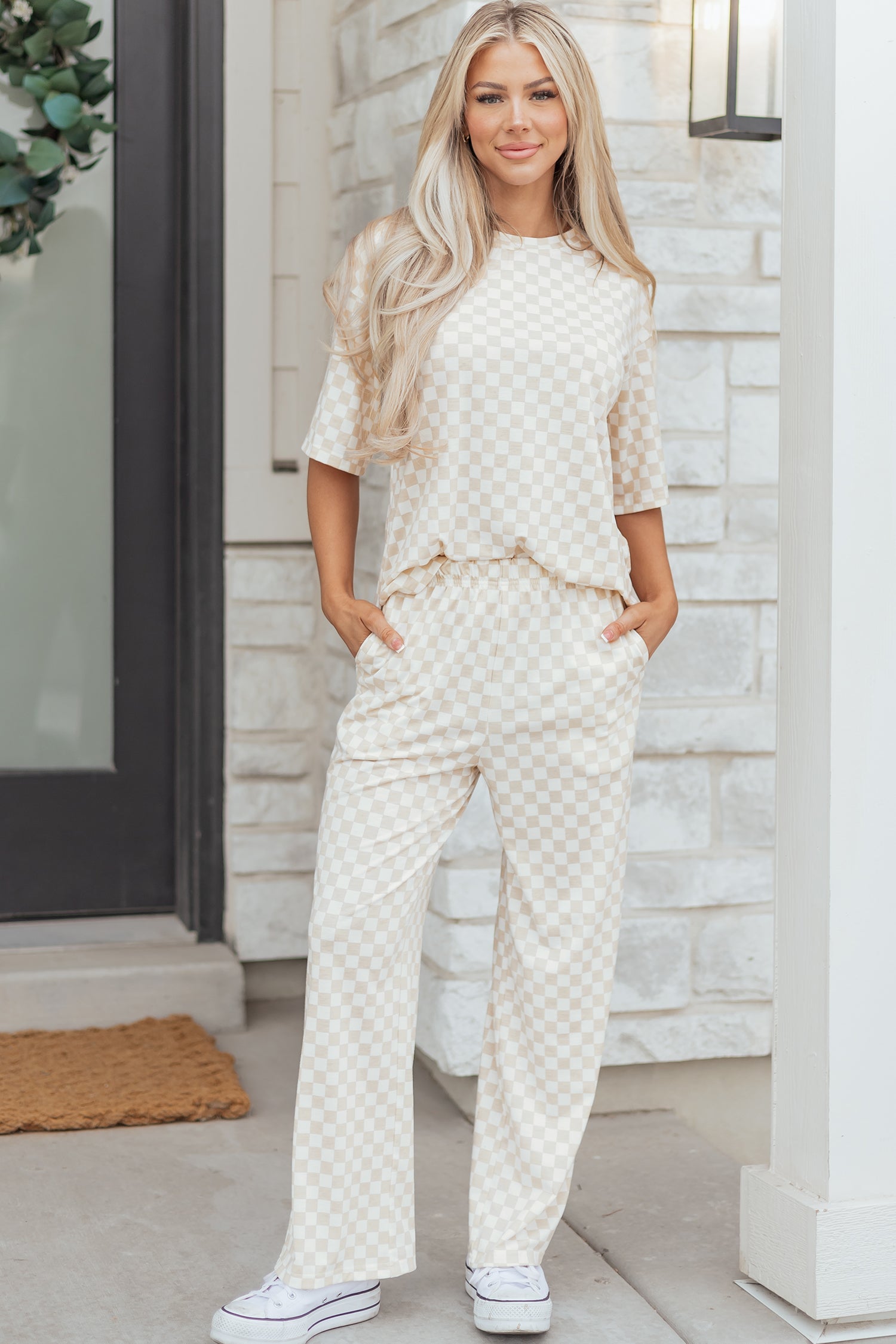 Khaki 2-piece Checkered Print Half Sleeve T-shirt and Lounge Pants Set