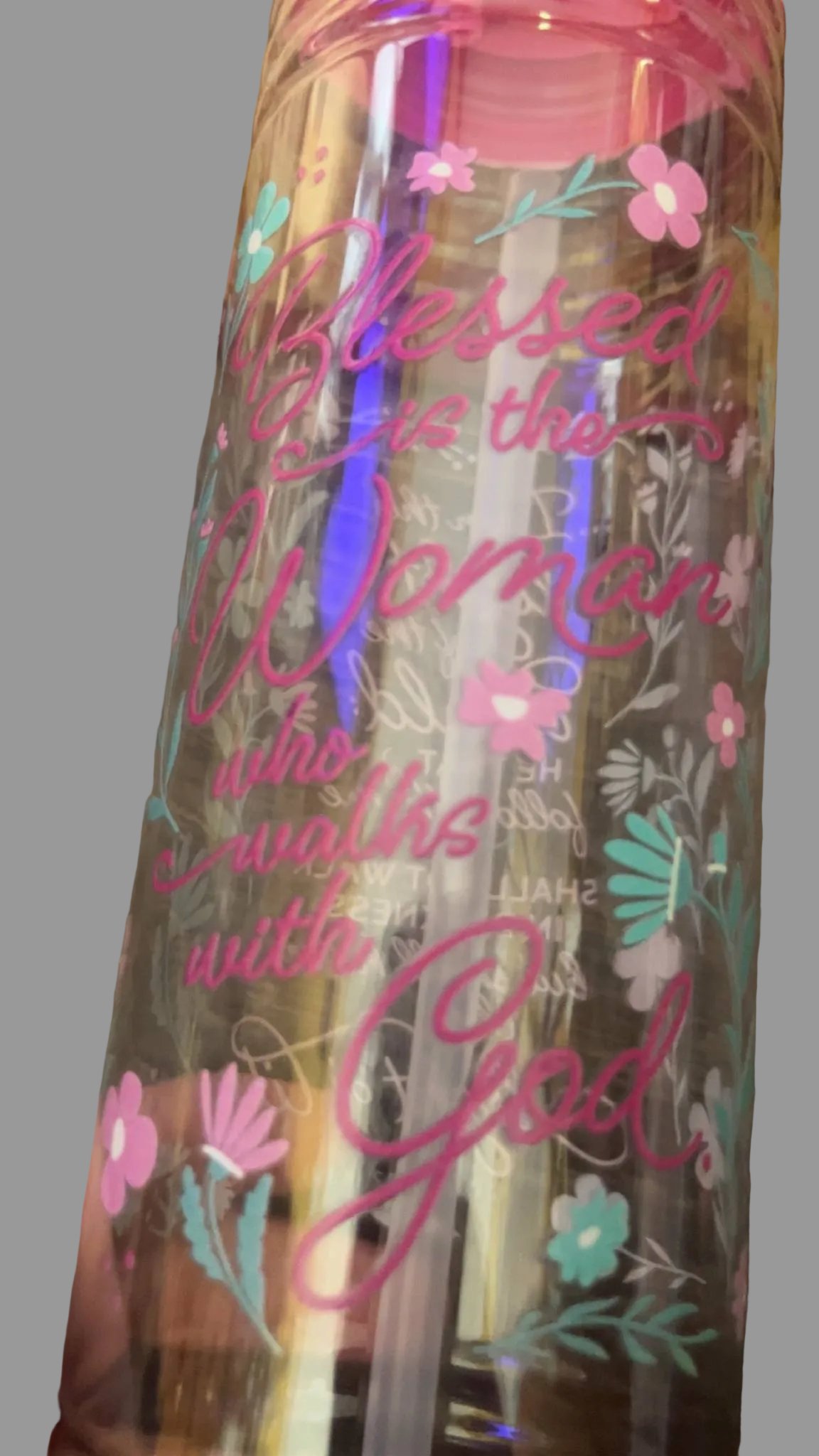 Pink Clear Scripture Plastic Water Bottle