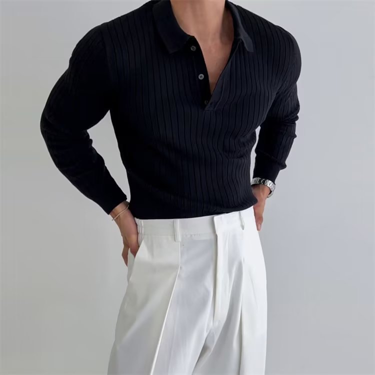 Men's Slim Knitted Long Sleeve Polo Shirt