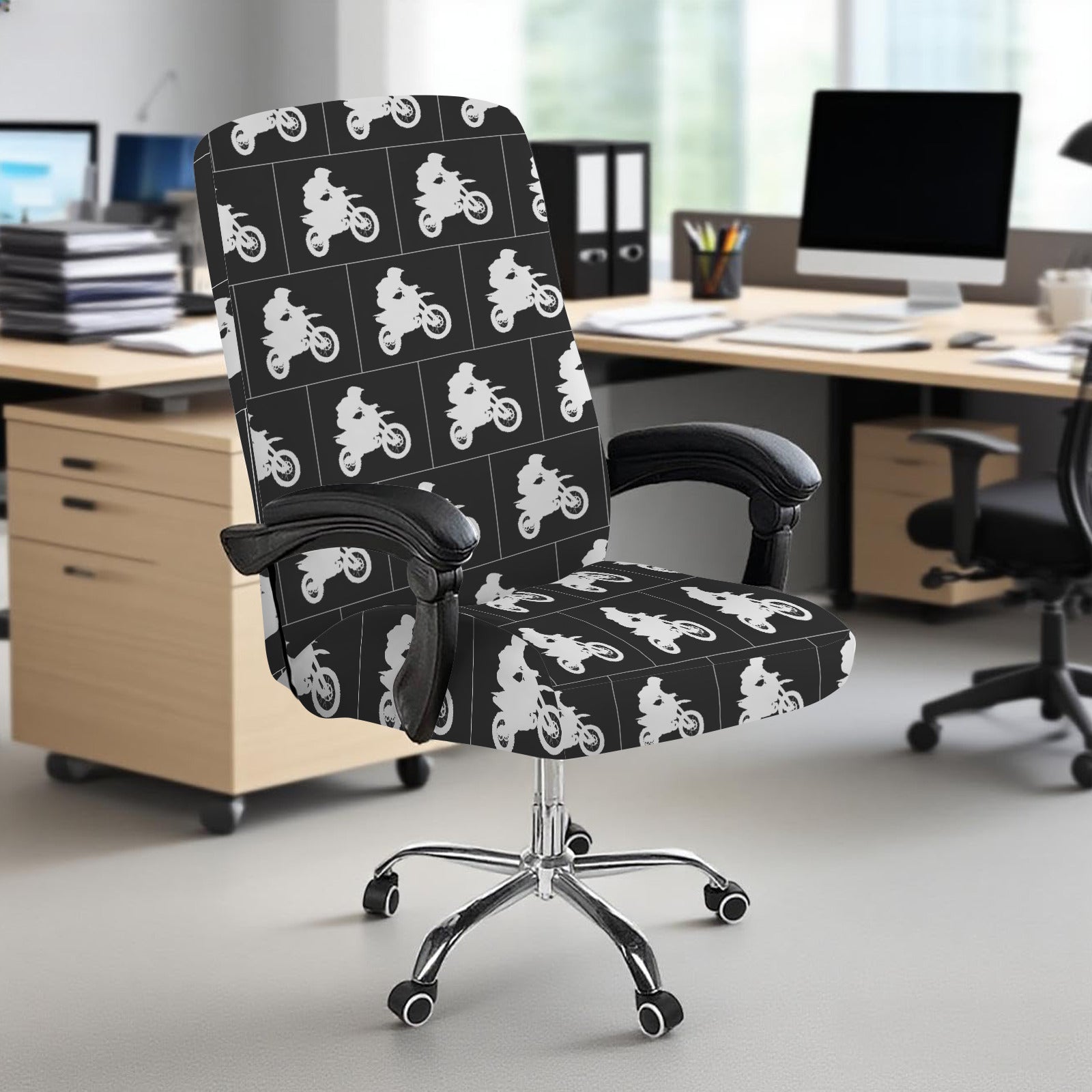 White Motorcycle Design Office Chair Cover (Made in USA)