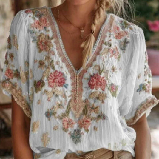 Women's Artistic Boho V-neck Short Sleeve Blouse – 3D Print