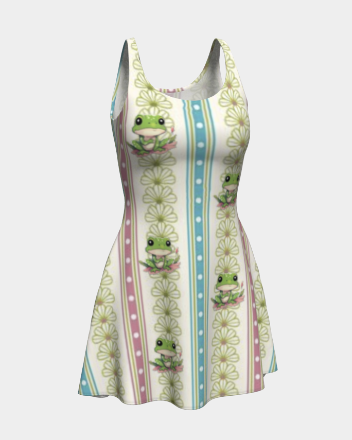 Green Frog Striped Short Flared Dress