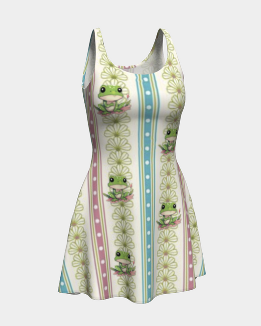 Green Frog Striped Short Flared Dress