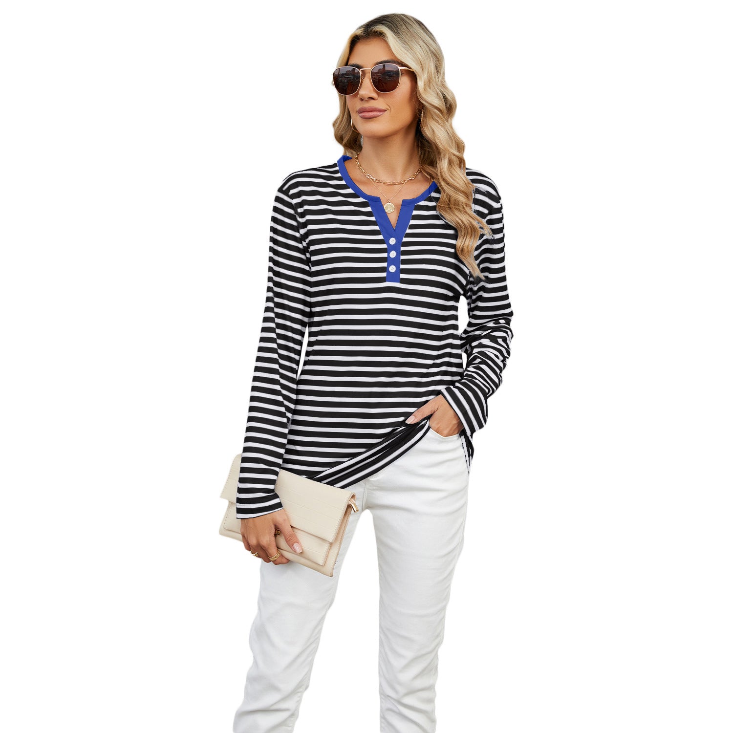 Women's V-neck Striped Loose Long-sleeved T-shirt