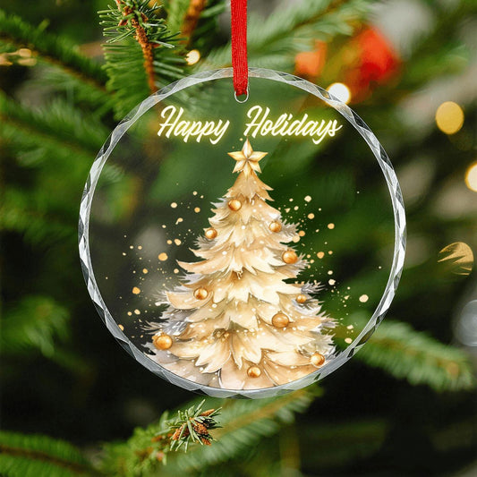 Happy Holidays Golden Christmas Tree Round Glass Ornament (Made in USA)