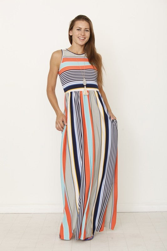 Women's Multicolored Striped Sleeveless Maxi Dress with Hidden Pocket