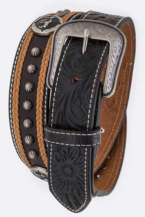 Men's Western Studded & Embossed Genuine Leather Belt