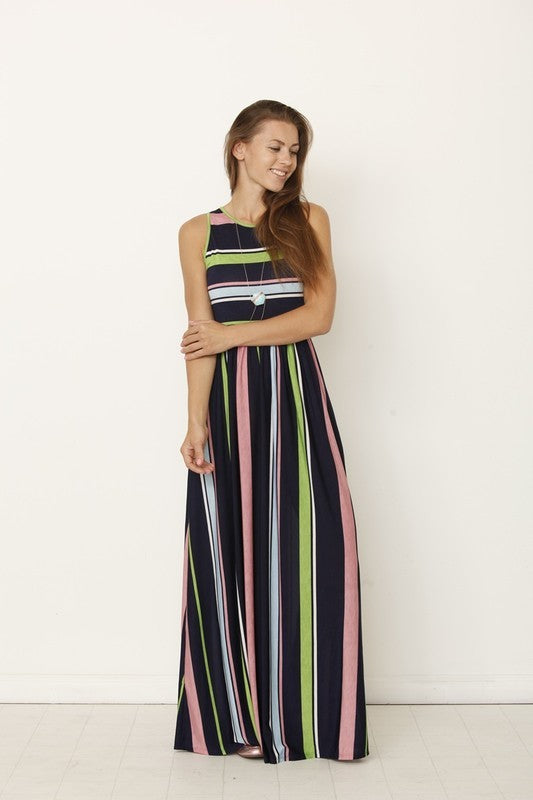 Women's Multicolored Striped Sleeveless Maxi Dress with Hidden Pocket