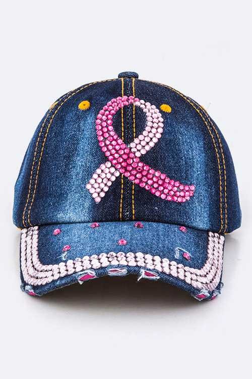 Women's Crystal Pink Ribbon Embelished Denim Cap