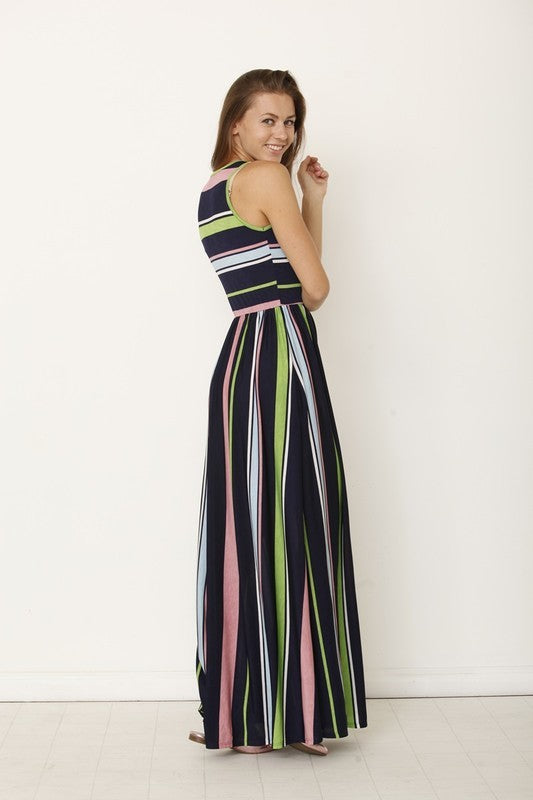 Women's Multicolored Striped Sleeveless Maxi Dress with Hidden Pocket