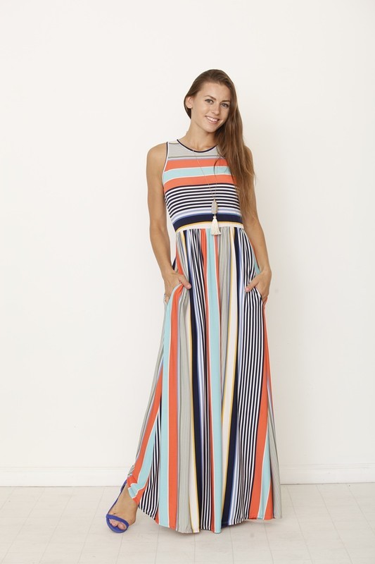 Women's Multicolored Striped Sleeveless Maxi Dress with Hidden Pocket