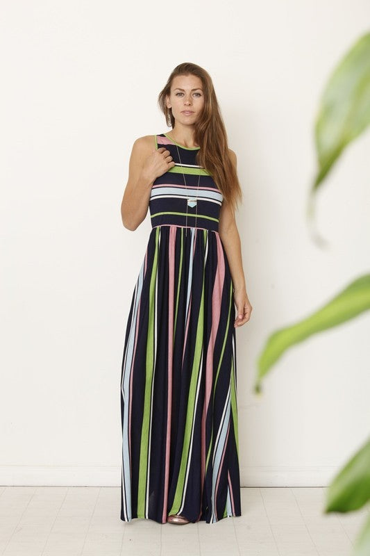 Women's Multicolored Striped Sleeveless Maxi Dress with Hidden Pocket