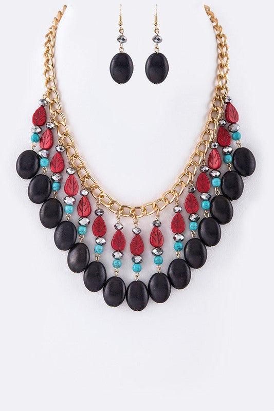 Carved Stone Leafs & Beads Statement Necklace Set