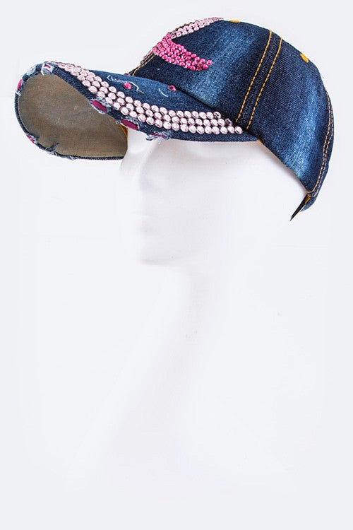 Women's Crystal Pink Ribbon Embelished Denim Cap