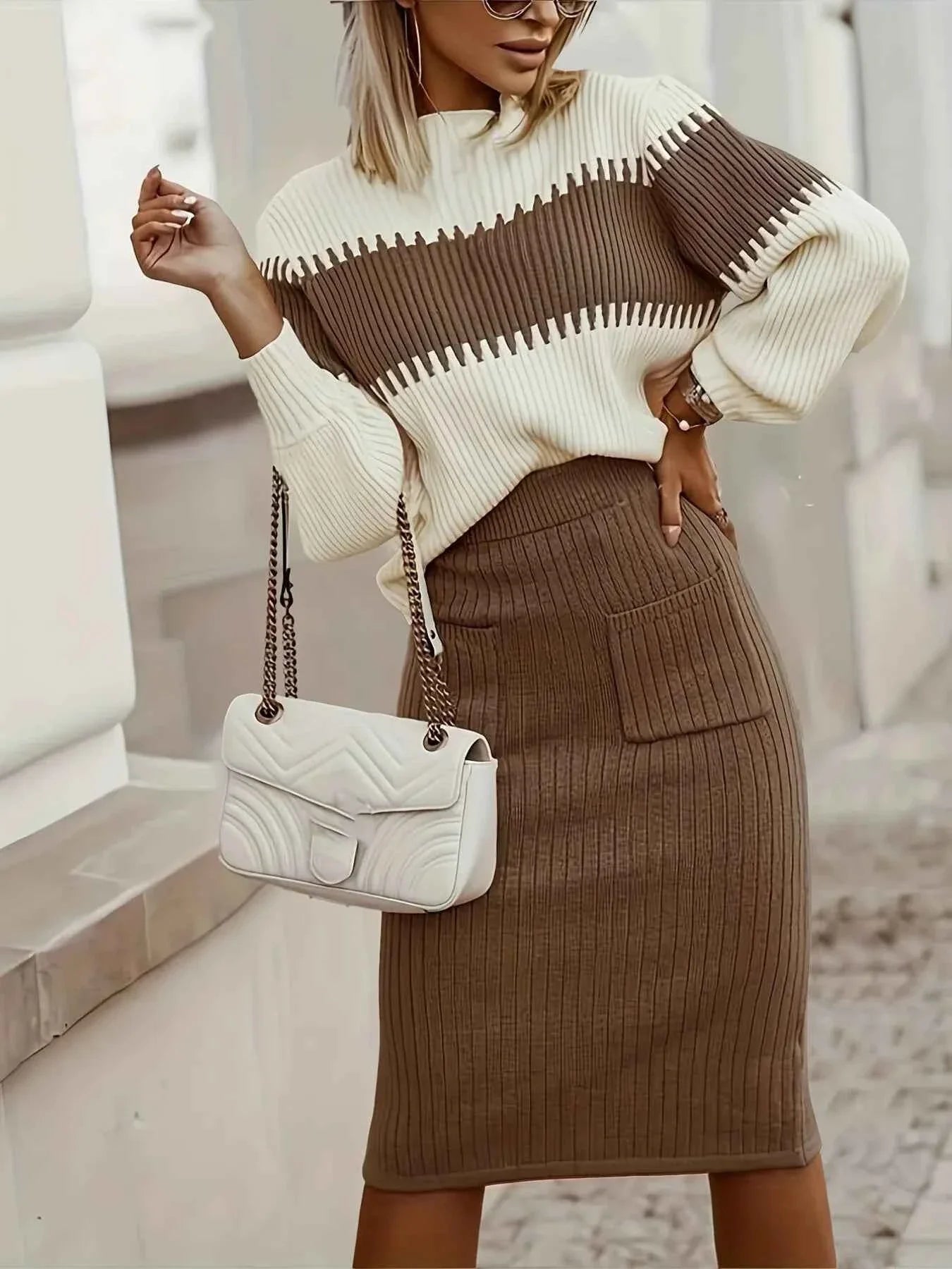 Two-Tone Ribbed Knit Top & Skirt Set Sweater Outfit