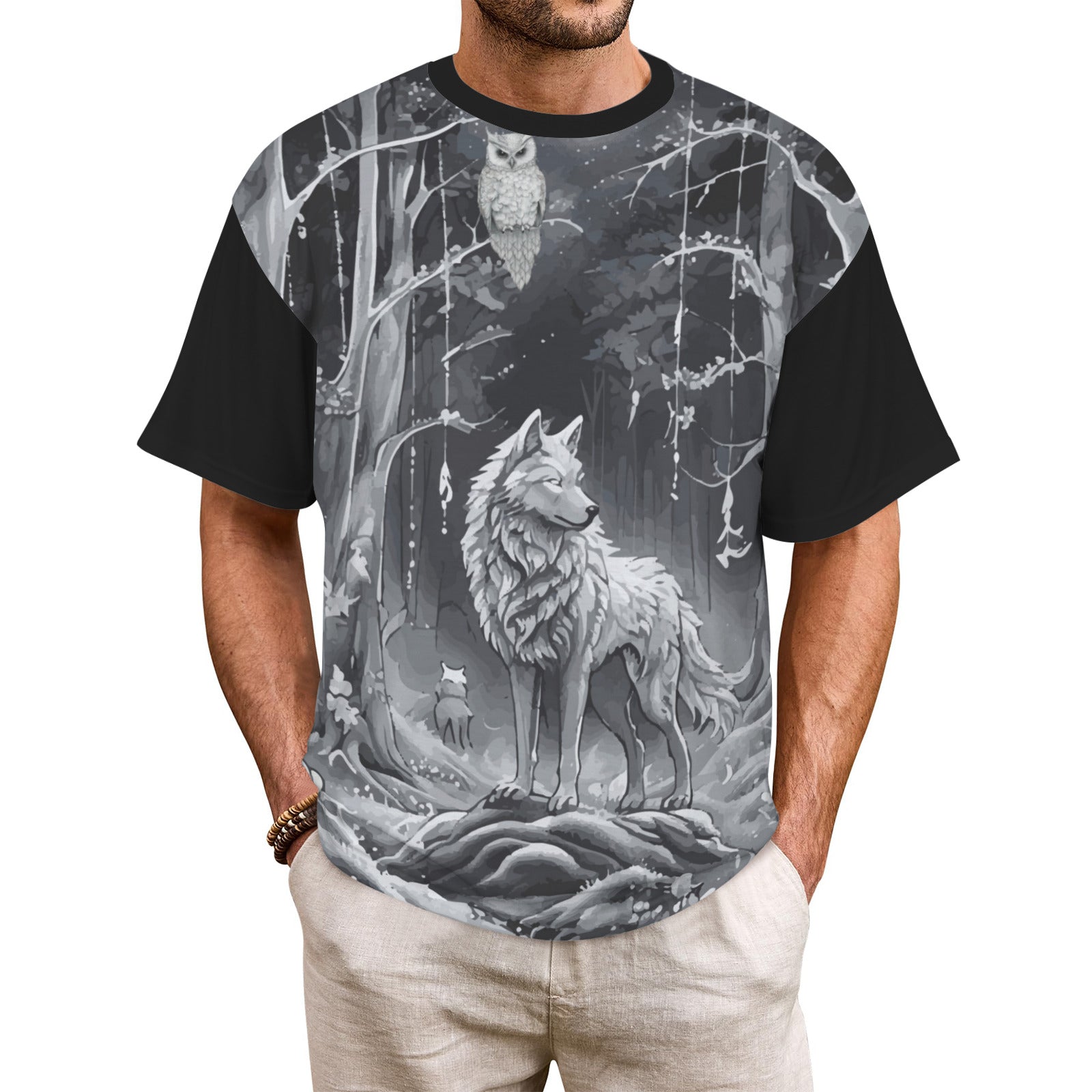 Wolf in Moonlit Forest Men's All Over Print Ribbed Collar T-Shirt (Model T94)