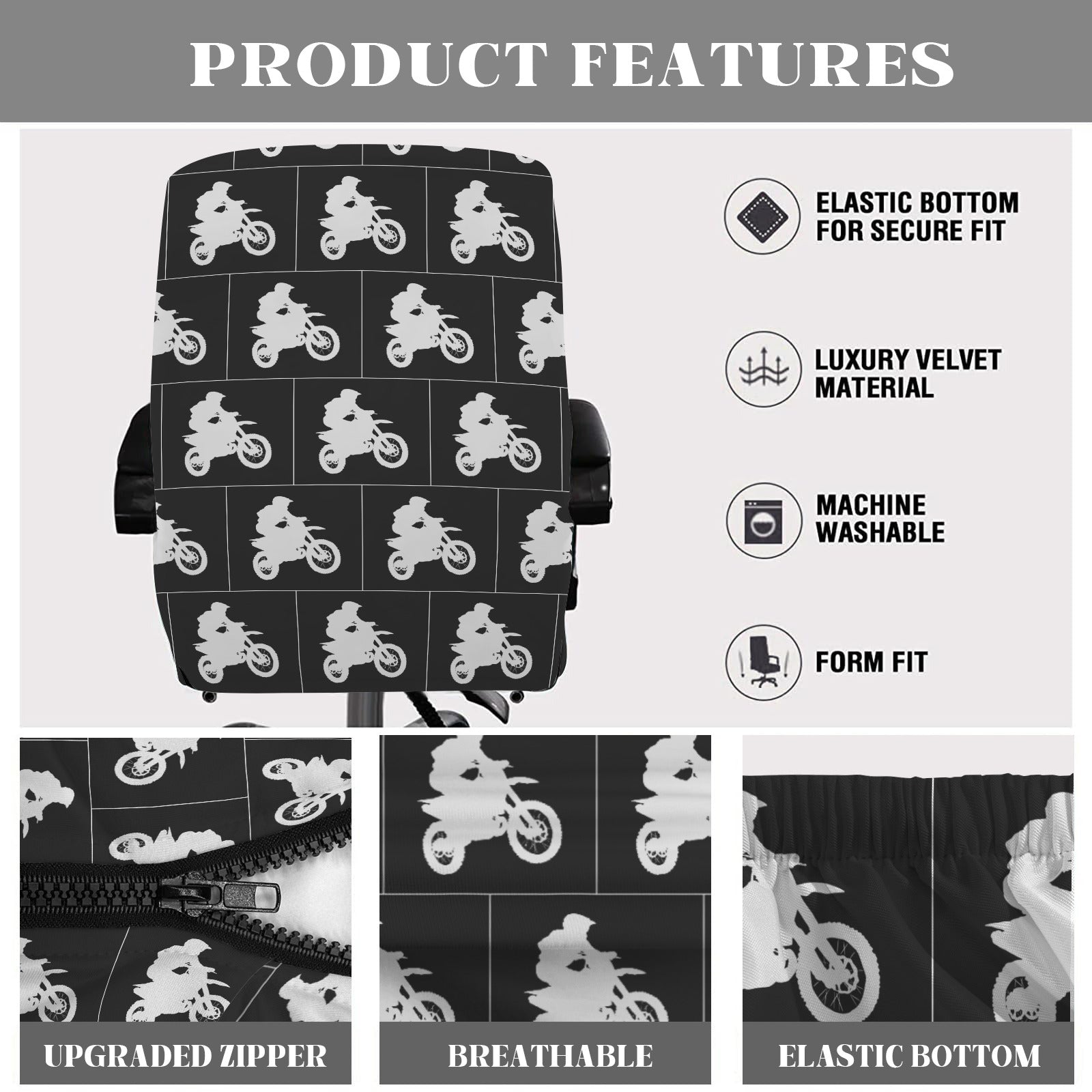 White Motorcycle Design Office Chair Cover (Made in USA)