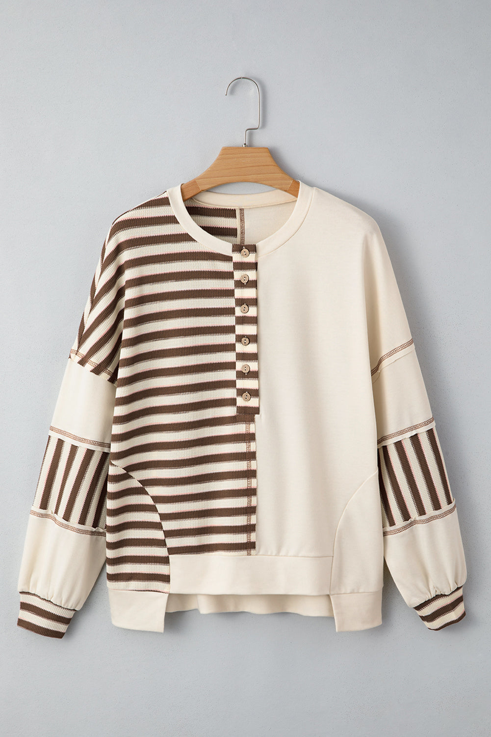 Women's Stripe Patchwork Long Sleeve Henley Top