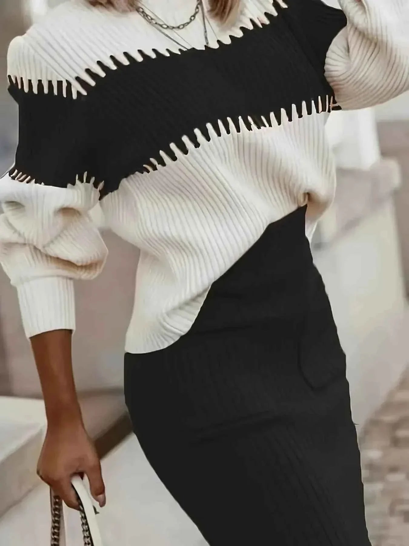 Two-Tone Ribbed Knit Top & Skirt Set Sweater Outfit