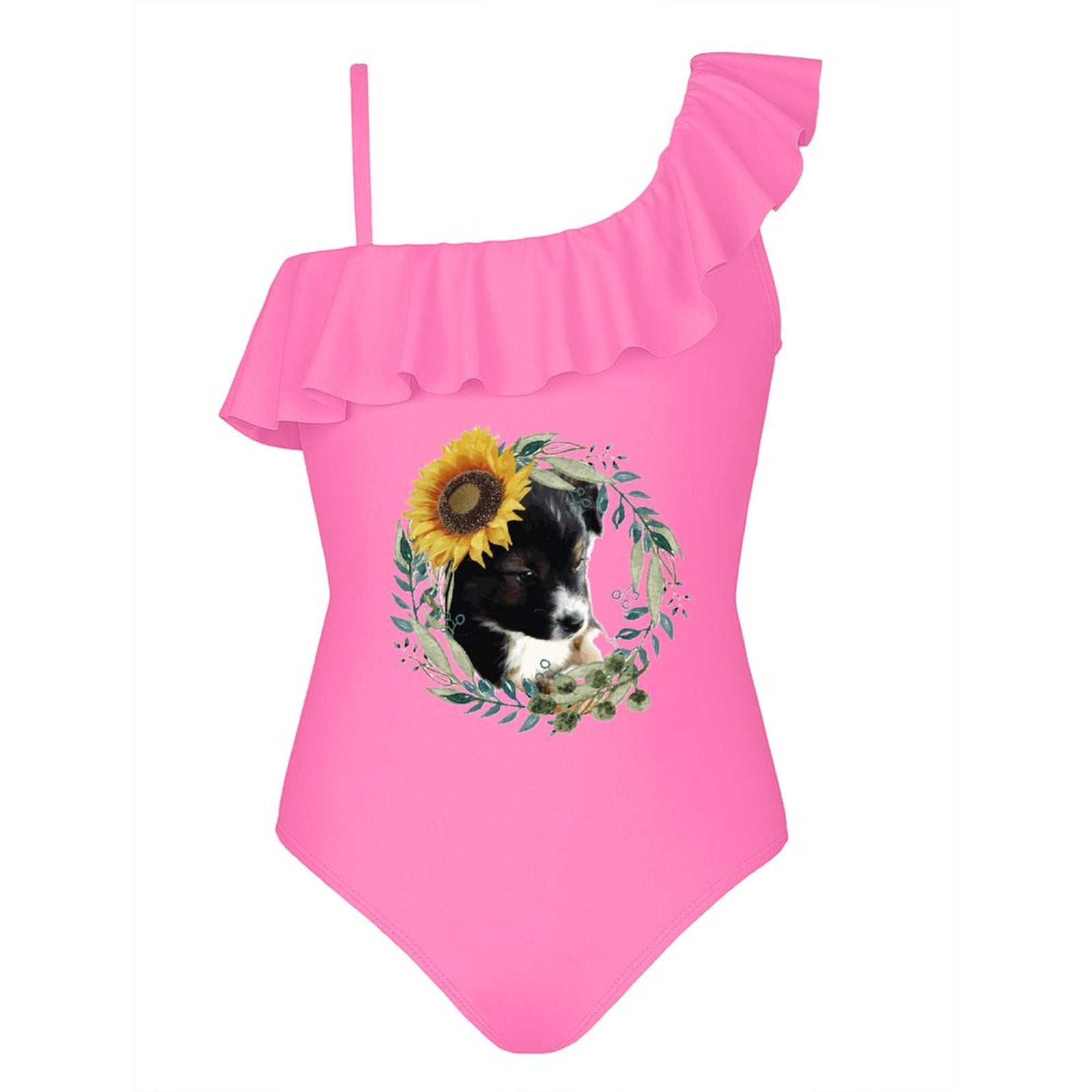 Cute Black Puppy Girls' Ruffled One-Piece Swimsuit (Front Printing)