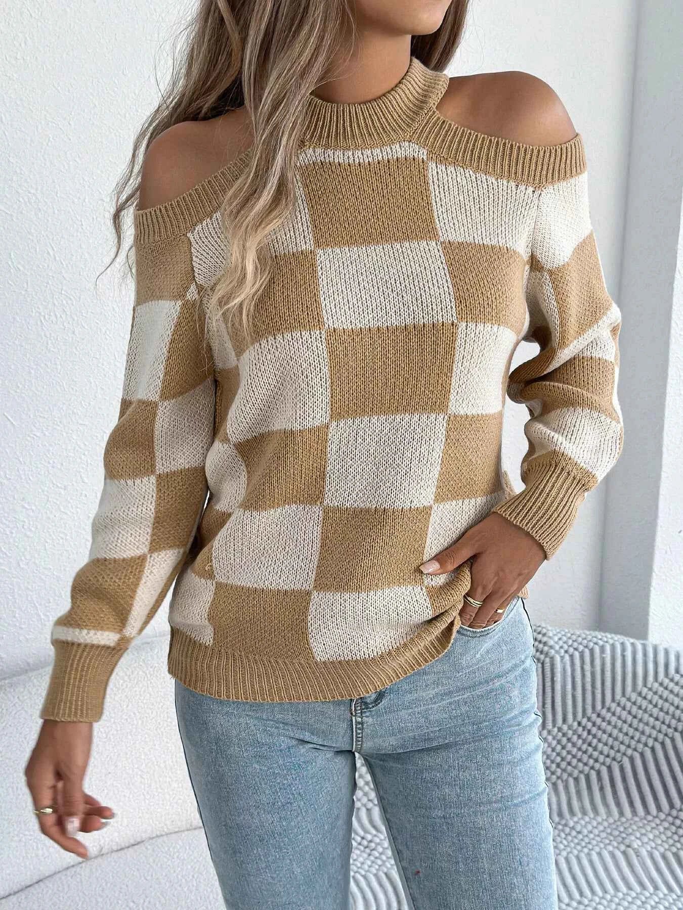 Cold Shoulder Checkered Long Sleeve Sweater