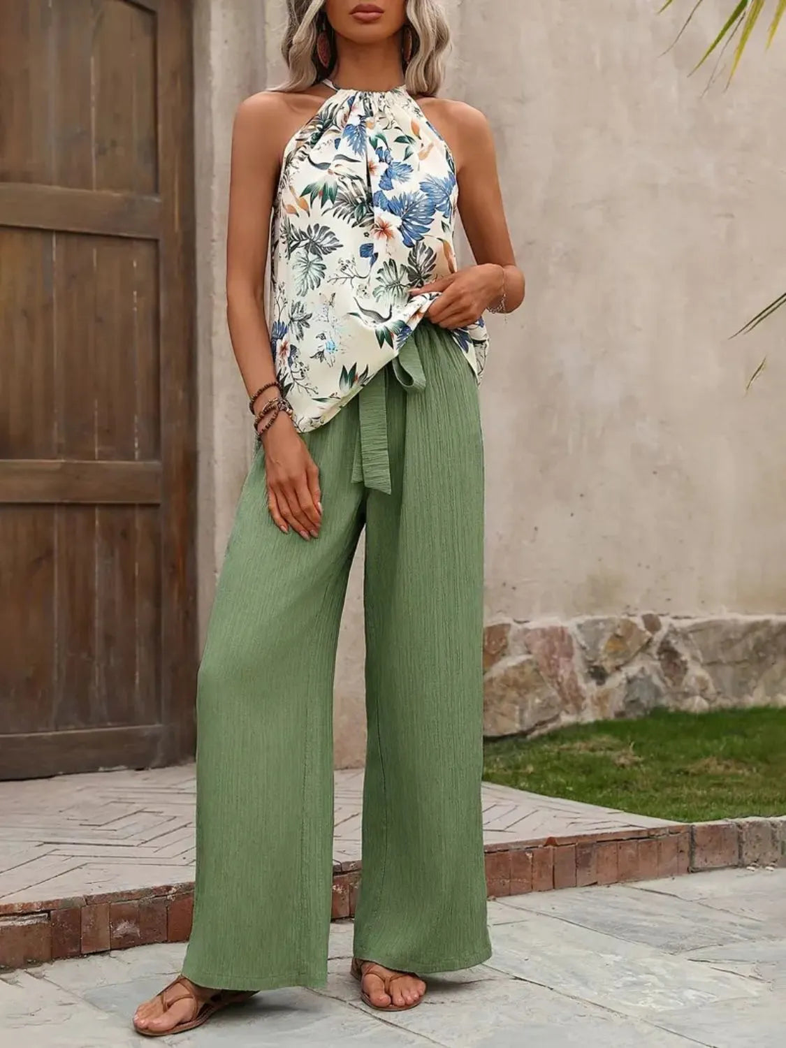 Women's Printed Tank Top and Wide Leg Pants Set Outfit