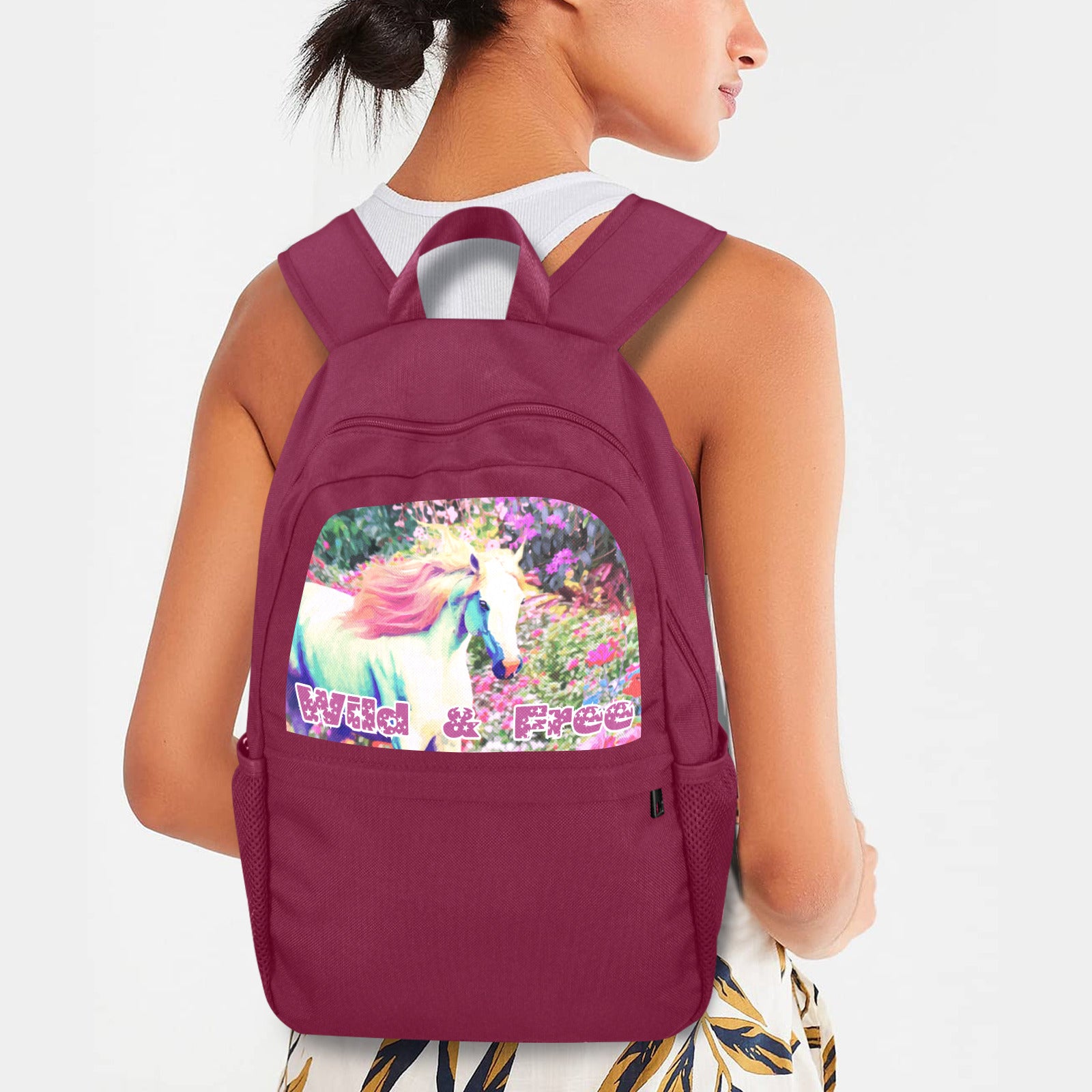 White Horse with Floral Background Casual Backpack (Upper Part Printing) (Model 1753)