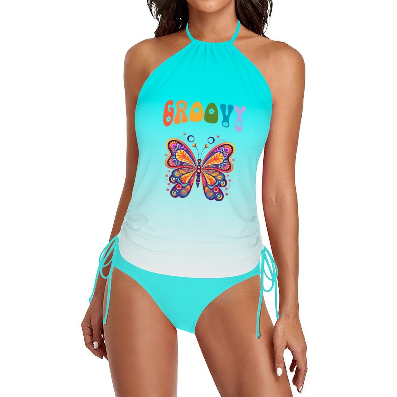 DTF Halter High Neck 2-Piece Swimsuit Set for Women(Front Printing)