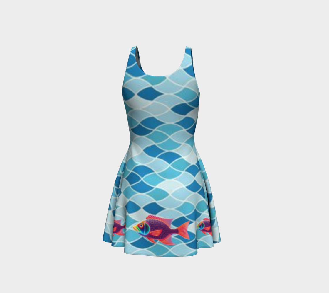 Neon Fish Swimming on Blue Designs Short Flared Dress